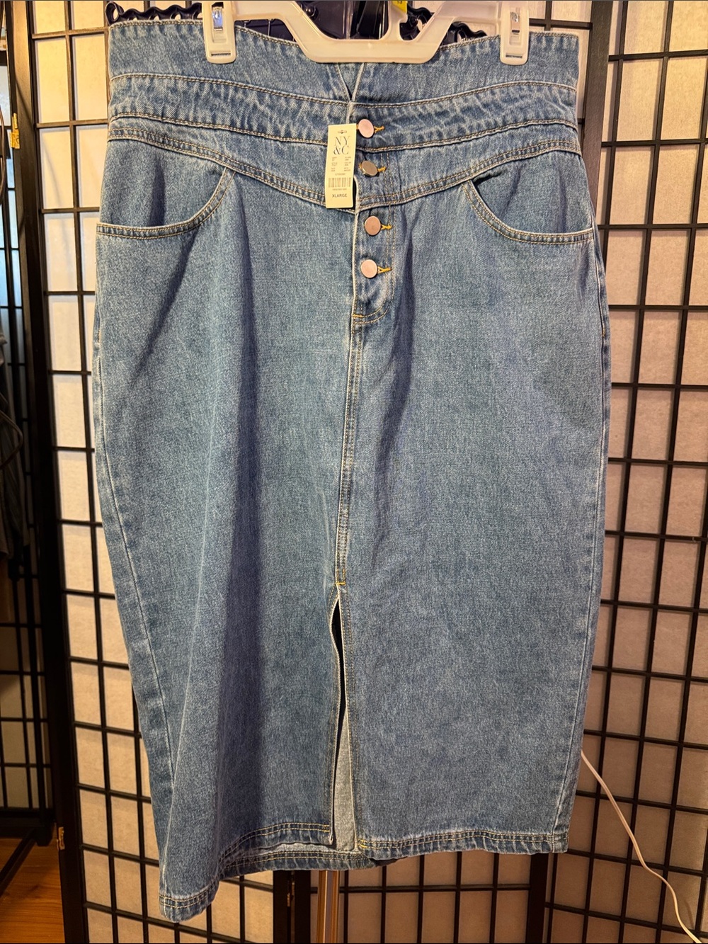 New York & Company High-Rise Blue Denim Midi Skirt with Front Buttons